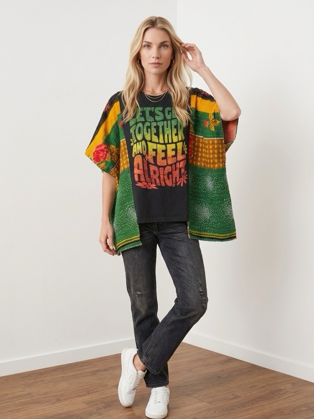 Handcrafted Upcycled Lets Get Together And Feel Alright Kantha Tunic NWT